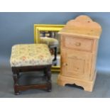 An Upholstered Oak Footstool together with a pine bedside cabinet and a gilt framed wall mirror