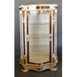 A French boulle style white painted and gilt metal mounted Serpentine vitrine, the shaped glazed