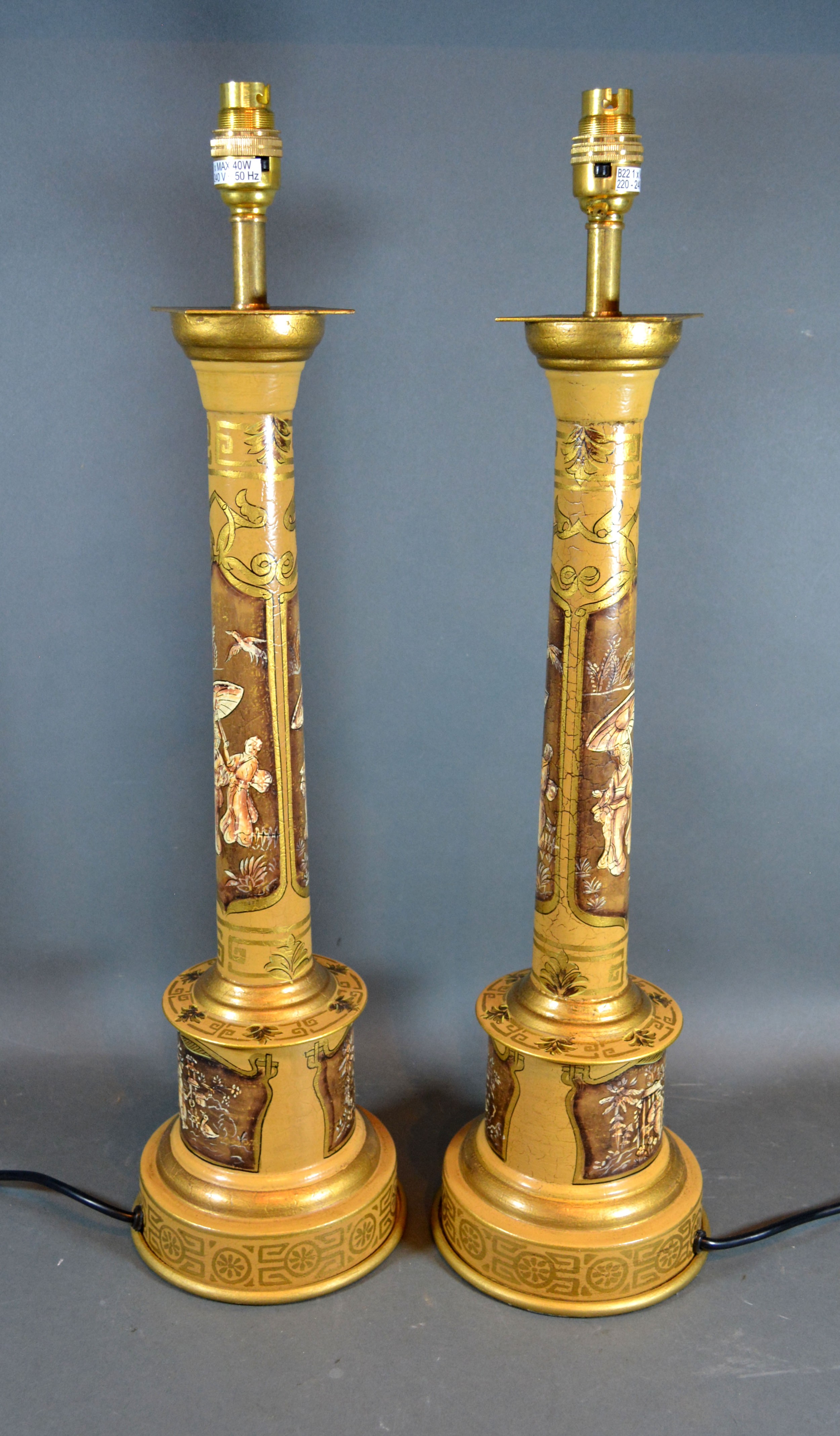 A Pair of Tole Ware Chinoiserie Decorated Table Lamps, 60 cms tall