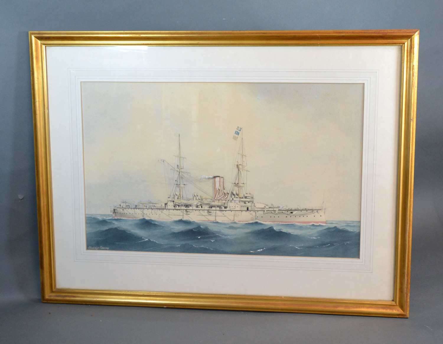 William MacKenzie Thomson Study of a Battleship at Sea watercolour, signed 30 x 48 cms - Image 2 of 3