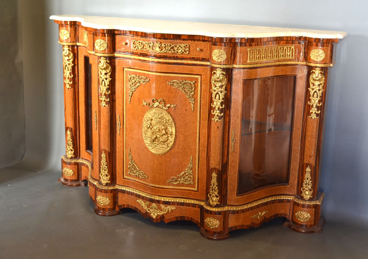 A French style walnut, gilt metal mounted serpentine Credenza cabinet, the variegated marble top - Image 2 of 3