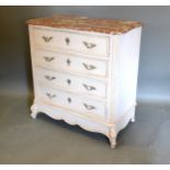 A French Painted Chest, the variegated shaped marble top above four drawers with metal handles