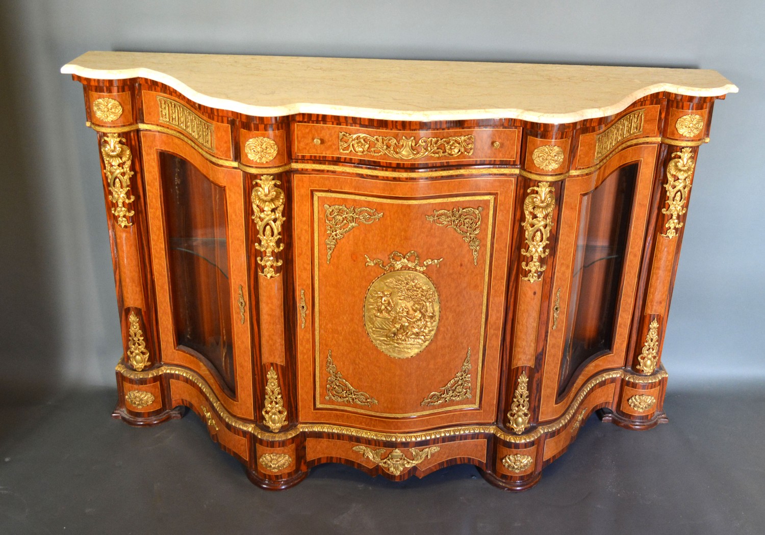 A French style walnut, gilt metal mounted serpentine Credenza cabinet, the variegated marble top - Image 3 of 3
