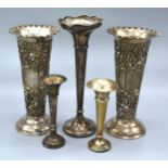 A Pair of Edwardian Silver Spill Vases of pierced embossed form London 1902 8 ozs. 19 cms tall