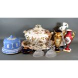A Victorian Tureen Cover and Stand together with a Jasper Ware cheese dome and stand and other items