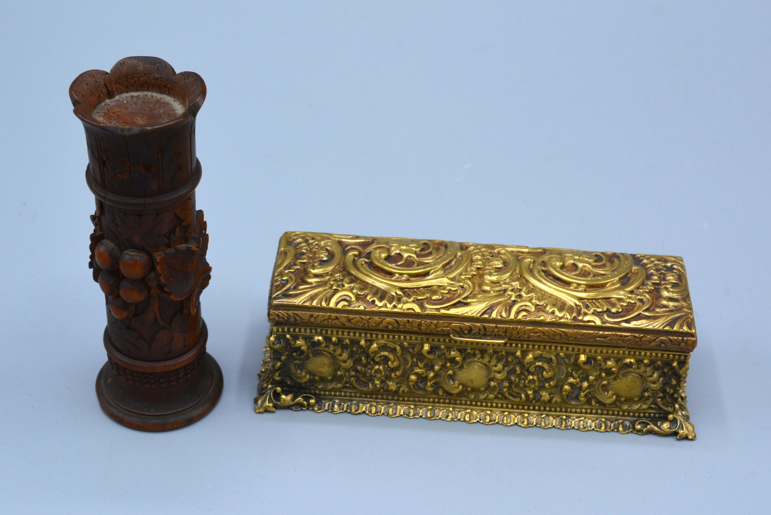 A Victorian Gilt Metal Stamp Box together with a carved Black Forest scent bottle holder
