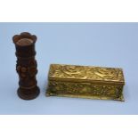 A Victorian Gilt Metal Stamp Box together with a carved Black Forest scent bottle holder