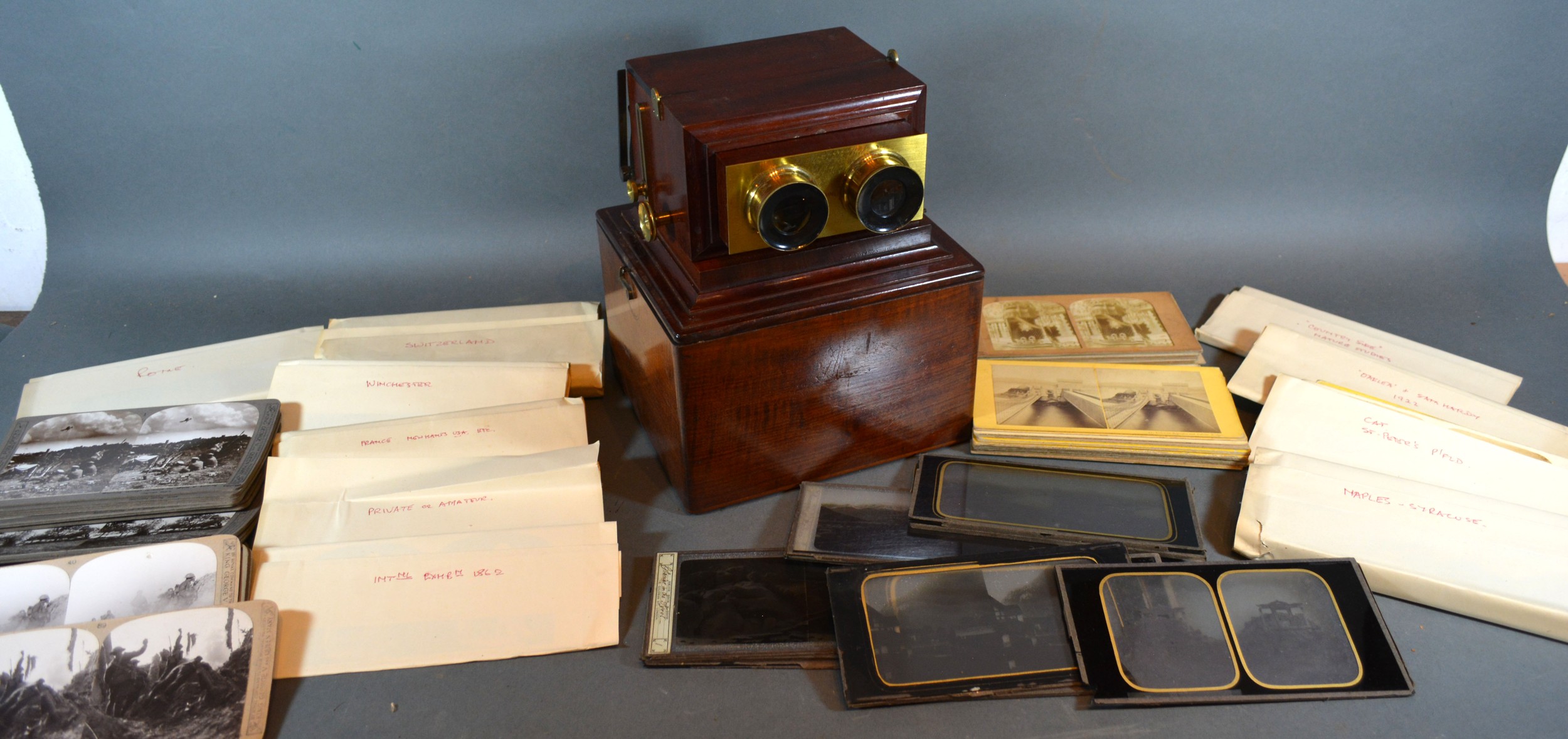 A Mahogany and Brass Stereo Viewer by Smith Beck & Beck London No. 496 within original box with a