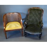 A 19th Century Mahogany Drawing Room Armchair together with another similar cane backed tub shaped