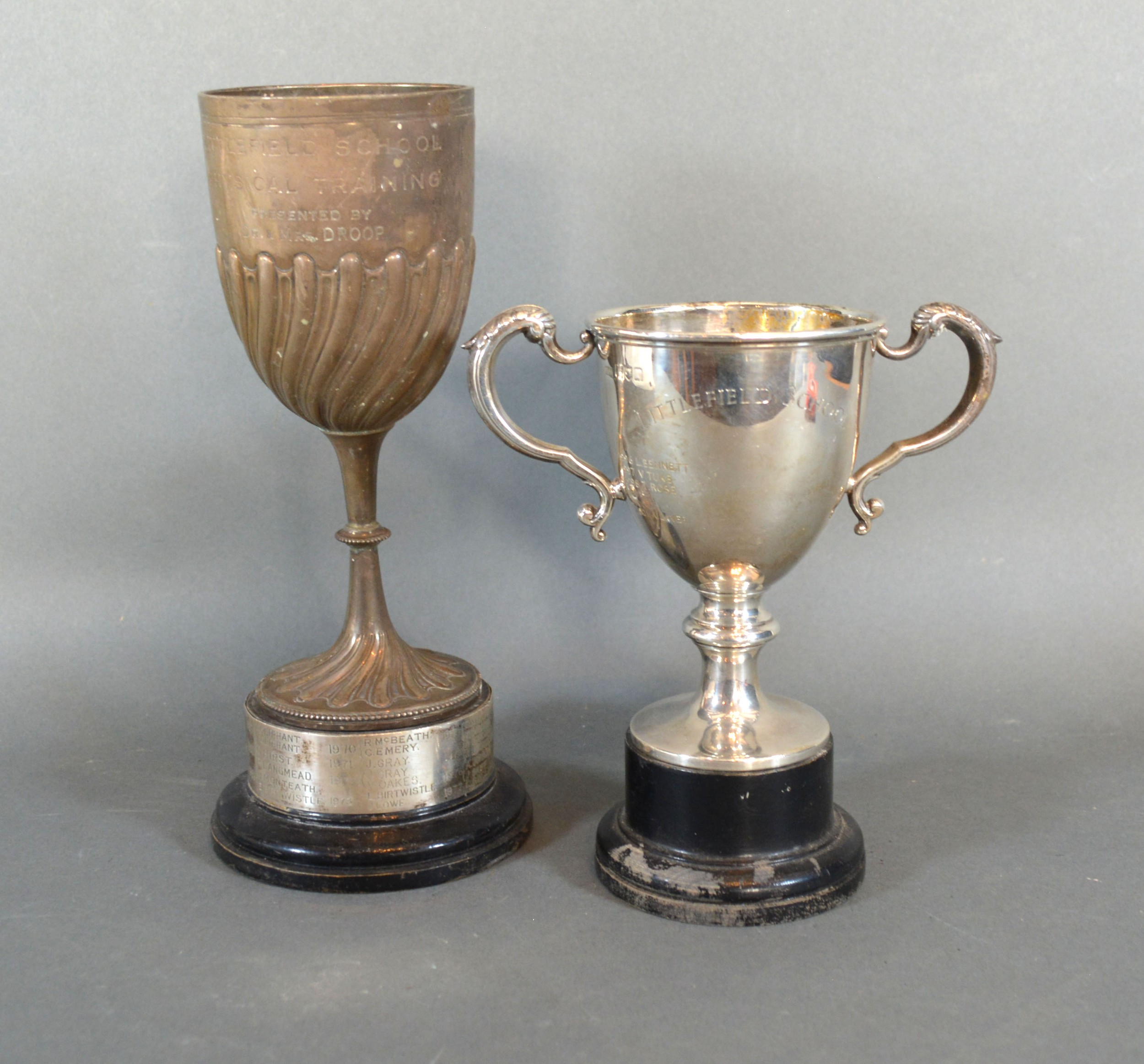 A Sheffield Silver Trophy Cup of Half Lobed Form with hardwood stand together with another London