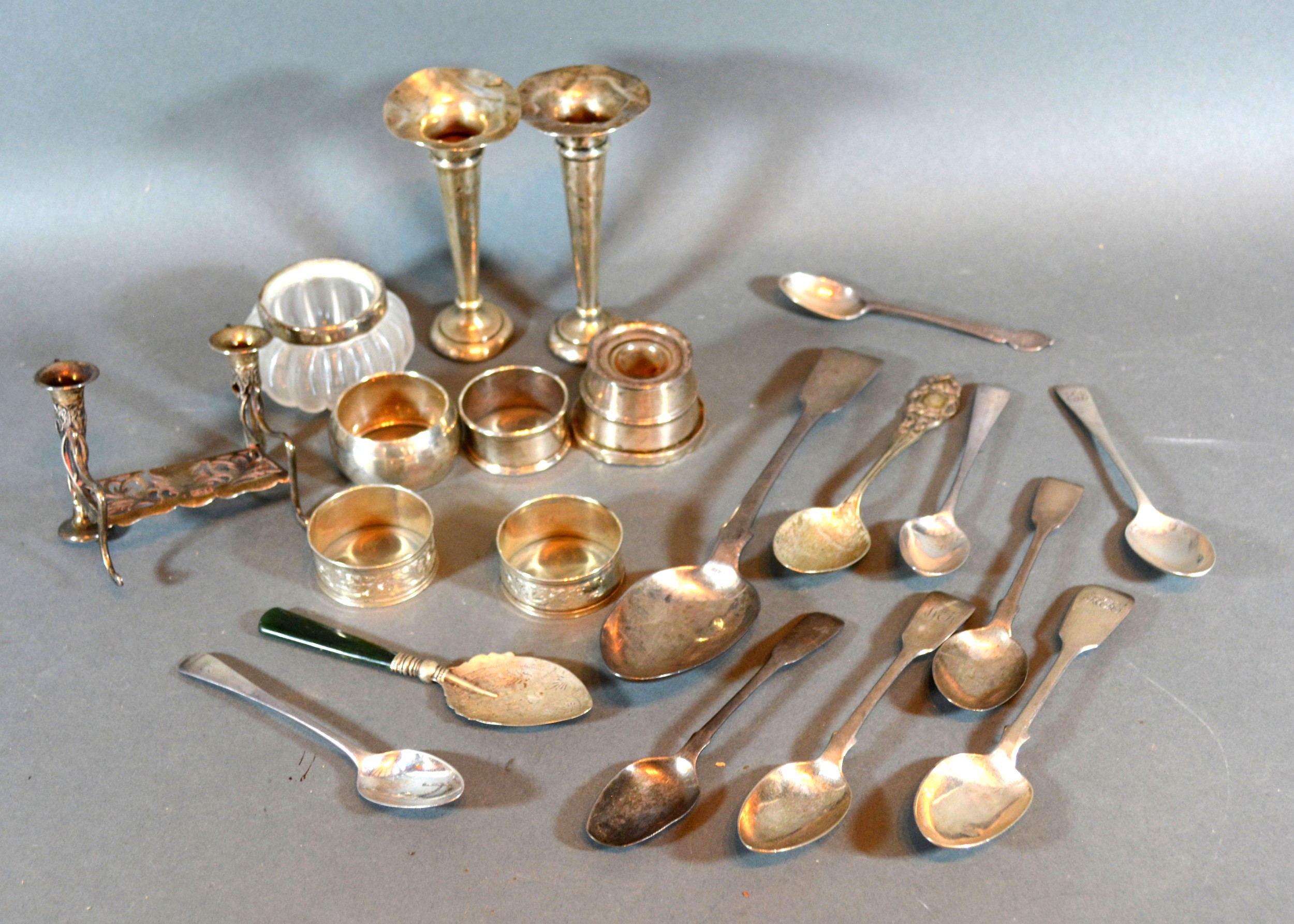 Four Various Silver Napkin Rings together with other items of silver to include various spoons