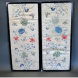 A Pair of Chinese Silk Work Panels depicting butterfly amongst foliage 75 x 31 cms