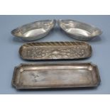 A Pair of London Silver Bon Bon Dishes of Navette Form, together with a Birmingham silver pen tray