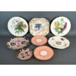 A Derby Dish decorated with bird amongst foliage together with various other Derby cabinet plates