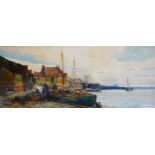 George Charles Haite 'Boats by a Quay' watercolour signed 32 x 73.5 cms