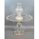 A Victorian Cut-Glass table centre with circular shaped dish upon a shaped stand 45cm tall