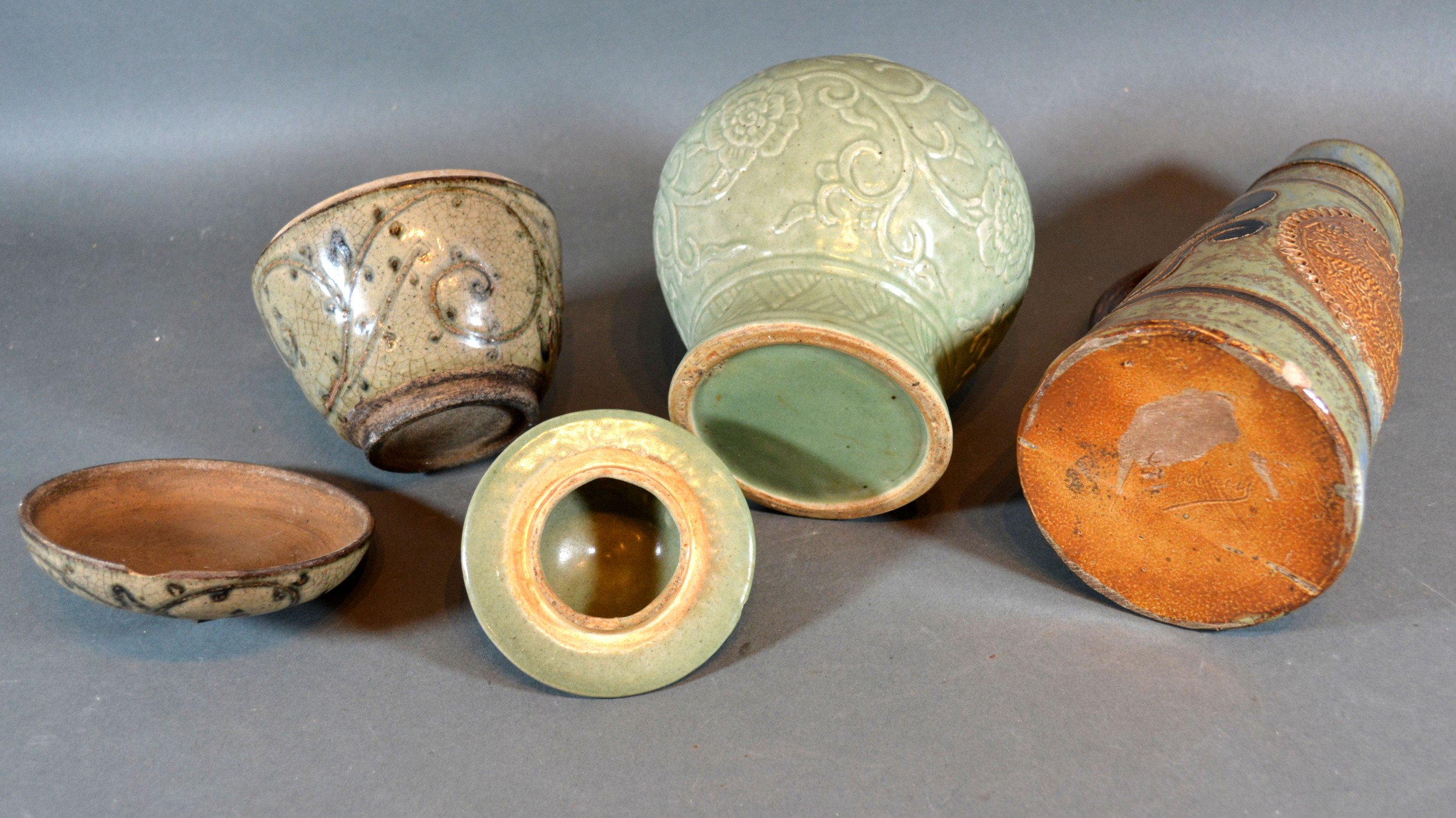 A Chinese Celadon Covered Vase of Oviform, together with a stone ware jug vase and a stone ware - Image 2 of 2