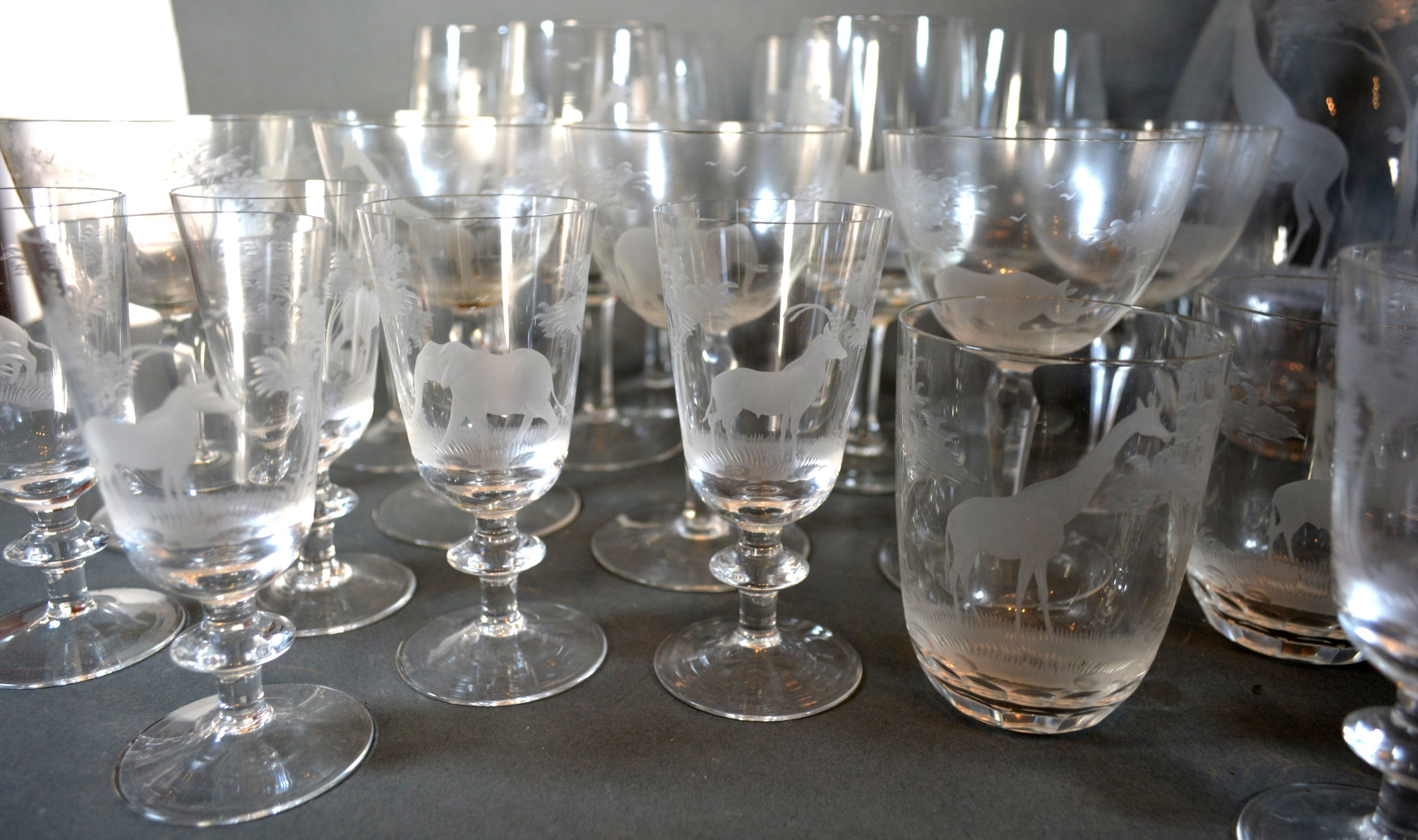 A Moser Rowland Ward Safari Pattern Cut Glass Drinking Set comprising a large jug, wine glasses, - Image 2 of 2