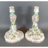 A Pair of Meissen Porcelain Candlesticks each with polychrome foliate encrusted decoration