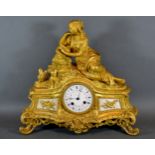 A 19th Century French Ormolu Mantle Clock, the enamel dial with Roman numerals and with two train