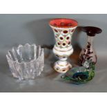 A Bohemian Cameo Glass Vase, 23 cms tall together with three other items of glass ware