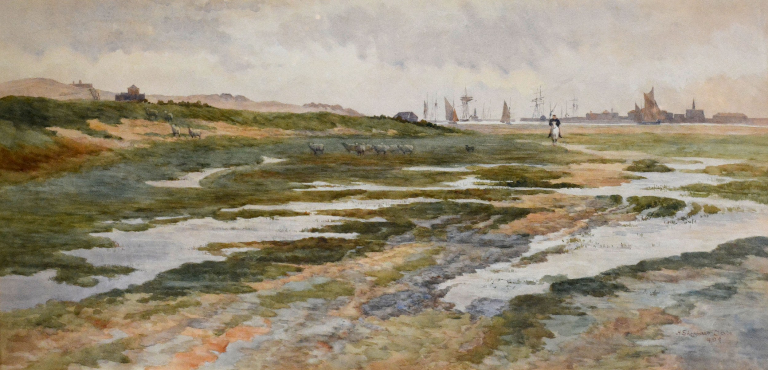 Henry Sheppard Dale 'Rye Harbour Morning Tide' watercolour signed and dated 1909 37 x 74 cms