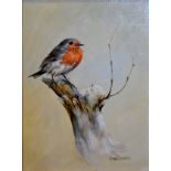 Donna Crawshaw 'Study of a Robin within a Winter Landscape' oil on canvas, signed, 40 x 30 cms