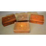 A 19th Century Mahogany and Brass Inlaid Fold Over Writing Box together with three other similar