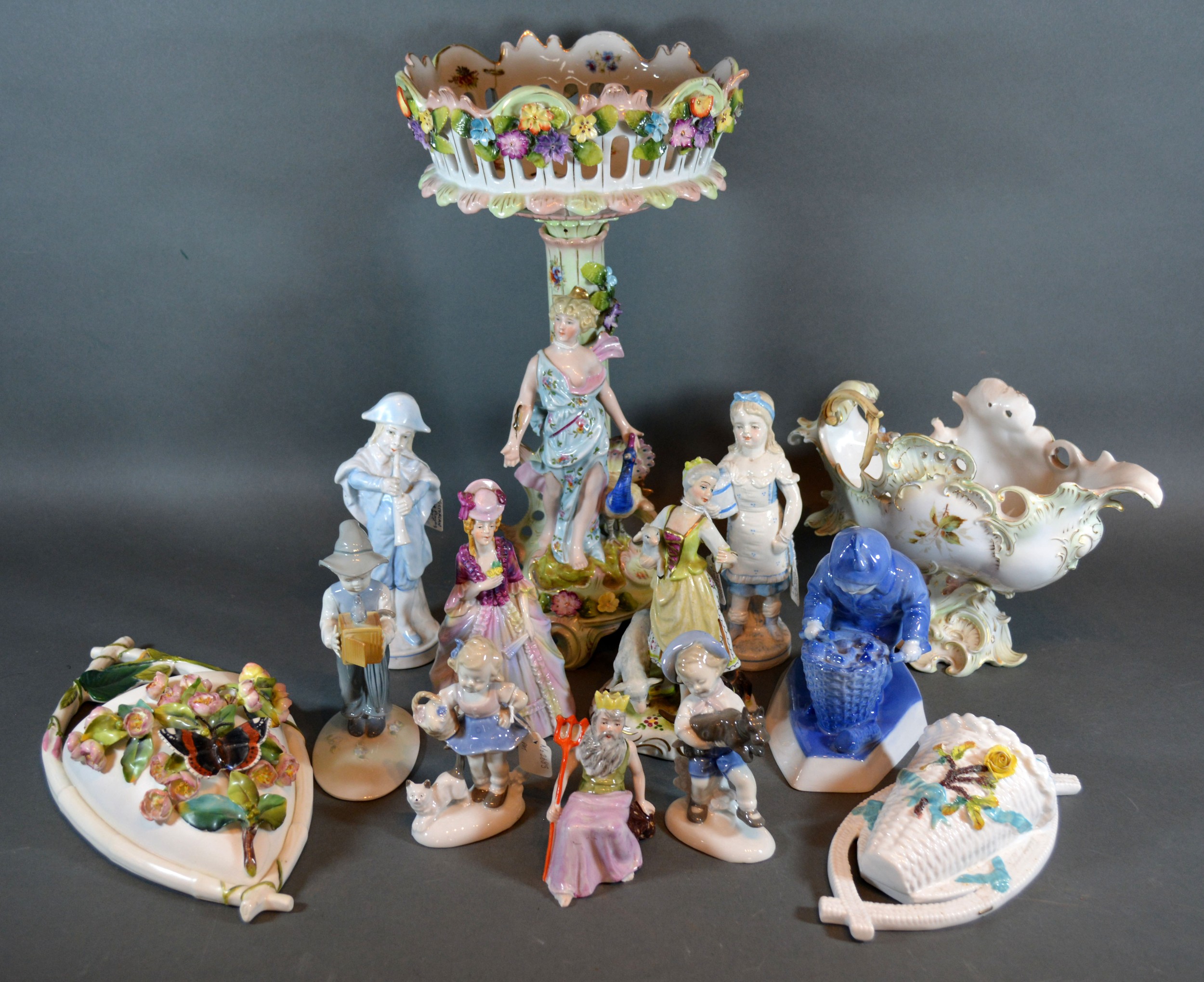 A Dresden Porcelain Table Centre of Figural Form together with various continental figures and two