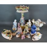 A Dresden Porcelain Table Centre of Figural Form together with various continental figures and two