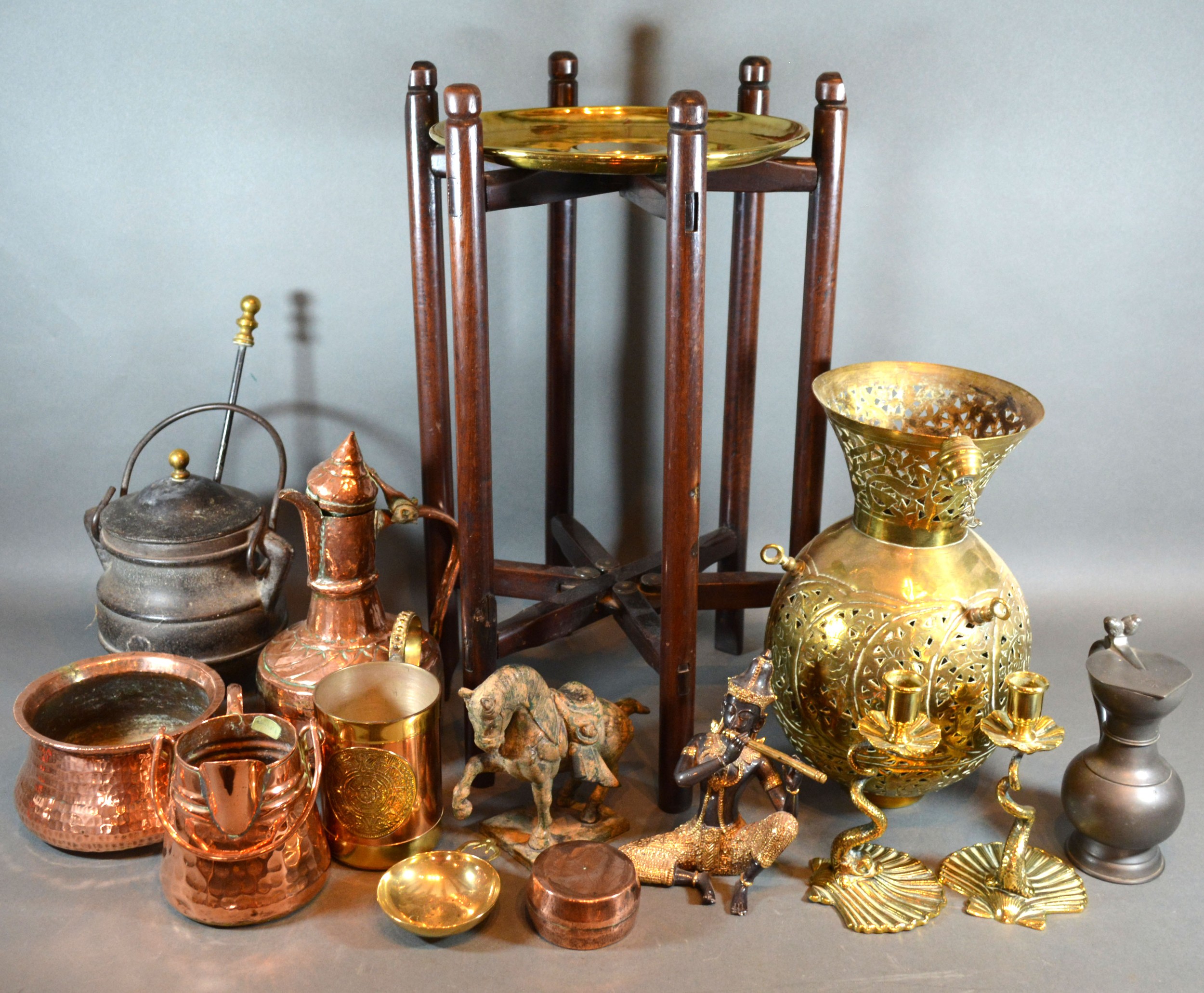 A Chinese Model of a Tang Horse together with other items of Metal Ware