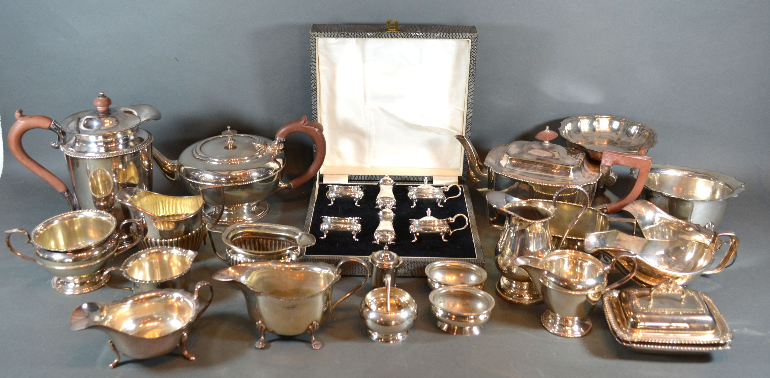 A Silver Plated Six Piece Condiment Set within fitted case together with other items of silver plate