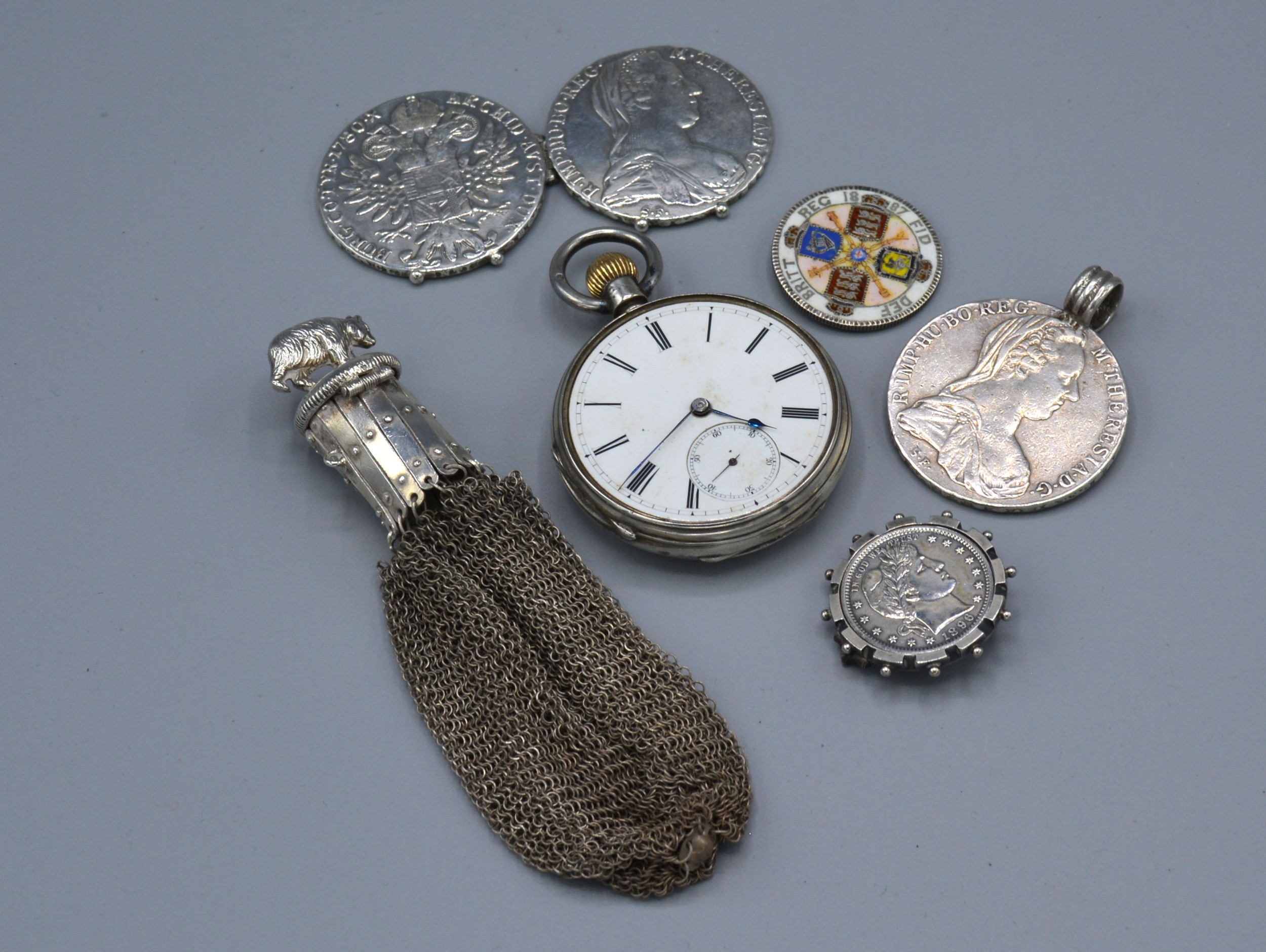 A London Silver Cased Pocket Watch together with a chain mesh purse, a Thaler converted to a