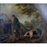 George Morland 'Study of a Figure with Pig within a Rural Setting' oil on canvas signed 29 x 39 cms