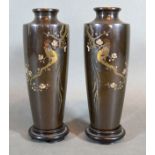 A Pair of Japanese Patinated Bronze Inlaid Vases bearing script 17 cms tall