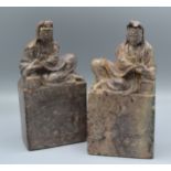 A Pair of Chinese Soapstone Large Seals bearing script to base of figural form, 18 cms tall