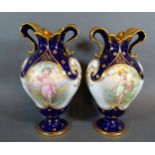 A Pair of Mintons Porcelain Vases of oviform hand painted with putti upon a cobalt blue and white
