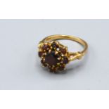 A 9ct Yellow Gold Cluster Ring set with garnets within a pierced setting, 2.7 gms Size M