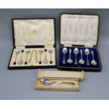 A Set of Six Sheffield Silver Teaspoons within fitted case together with a set of six silver bean