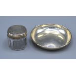 A Birmingham Silver Small Bowl together with a silver topped and cut glass dressing table bottle