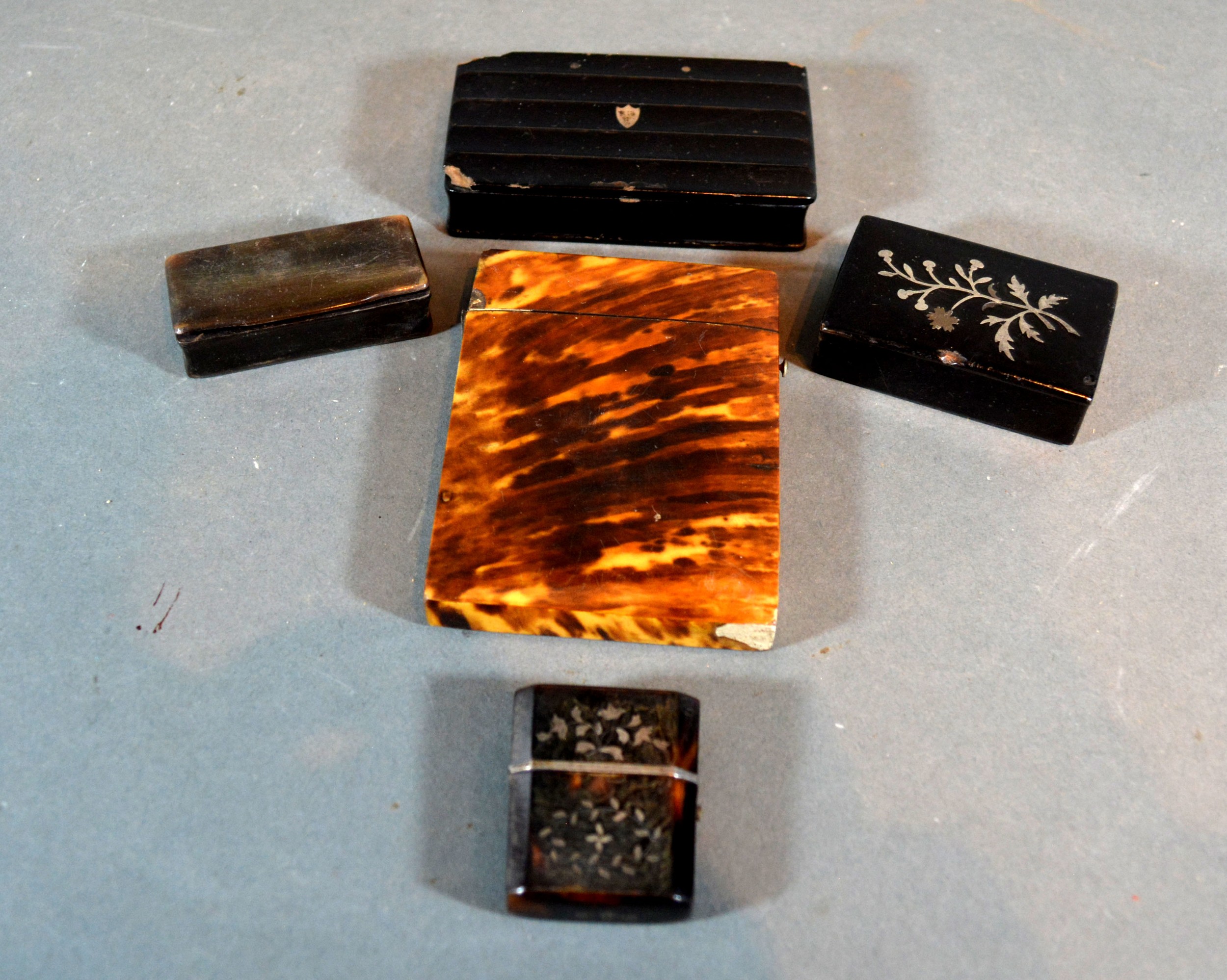 A 19th Century Tortoiseshell Pique Work Etui together with various similar boxes and a tortoiseshell