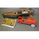 A Scale Model Boat together with a Triang pull along toy and a collection of building blocks