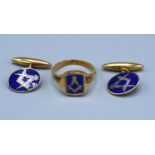 A 9ct. Gold and Blue Enamel Signet Ring with Masonic Compass and Square together with a pair of