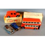 A Triang Minic Clockwork Model Bus together with a similar Fire Engine and two Cars