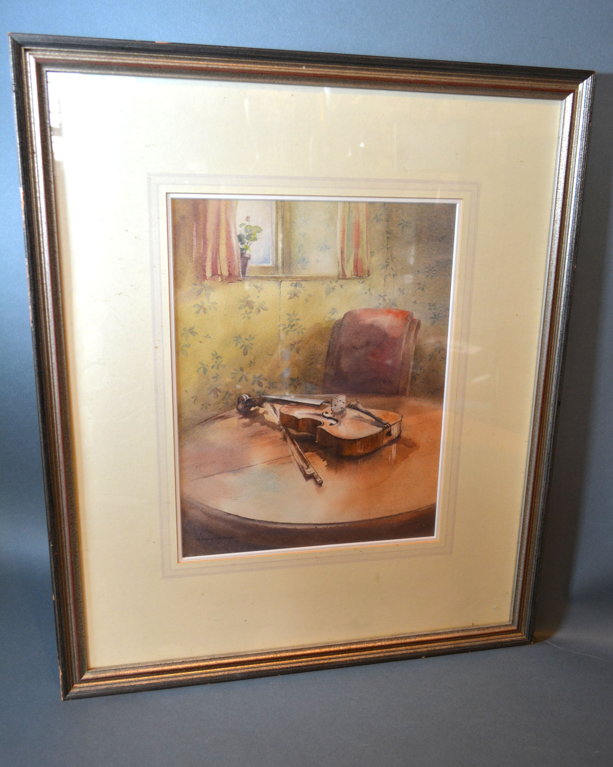 Gerry Ball, study of a violin upon a table within an interior, watercolour signed, 33cms x 25.5cms