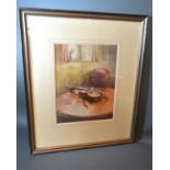 Gerry Ball, study of a violin upon a table within an interior, watercolour signed, 33cms x 25.5cms