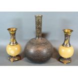 A Pair of Champleve and Onyx Vases 16 cms tall together with an Eastern bottleneck vase 23 cms tall