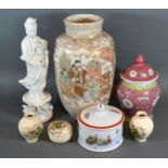 A Satsuma Earthenware Vase 26 cms tall together with a Blanc de Chine figure and various other