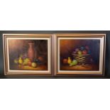 A Pair of 20th Century Oils on Canvas 'Still Life Fruit and Grapes upon a Table with Basket and