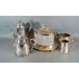 A Silver Plated and Cut Glass Biscuit Barrel with stag surmount together with a silver plated four